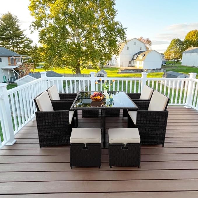 Yaheetech 9-Piece Patio Dining Sets, Outdoor Space Saving Rattan Chairs with Glass Table, Wicker Sectional Conversation Furniture Set with Removeable Cushions, Black/Beige