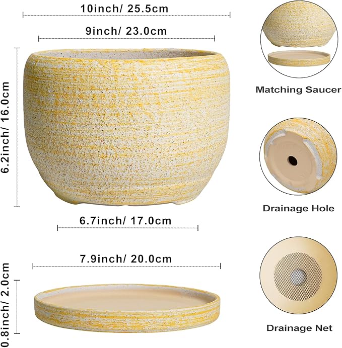 SQOWL Ceramic Planters for Indoor Plants - 10 Inch Plant Pot with Drainage Hole and Saucer, Round Ceramic Flower Pot Outdoor, Decorative Large Planter, Office Decor, Gifts for Women Men, Yellow