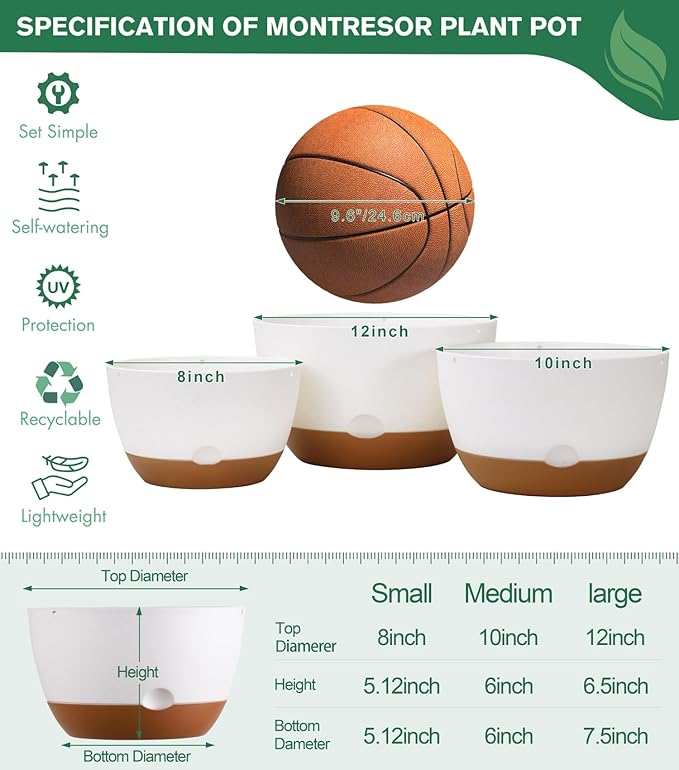 3 Pack 8/10/12 Inch Hanging Planters for Indoor Plants with Self-Watering Includes Hanging Pots for Plants, Outdoor Hanging Flower Pots with Drainage, and 2 Types of Hanging Baskets Hangers (White)