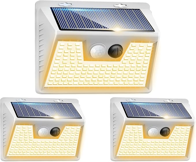 Peasur Solar Lights Outdoor Motion Sensor Waterproof, 3Pack 140LED White Solar Powered Fence Lights, 3 Modes Security Wall Lights for Garden Yard Outside Warm