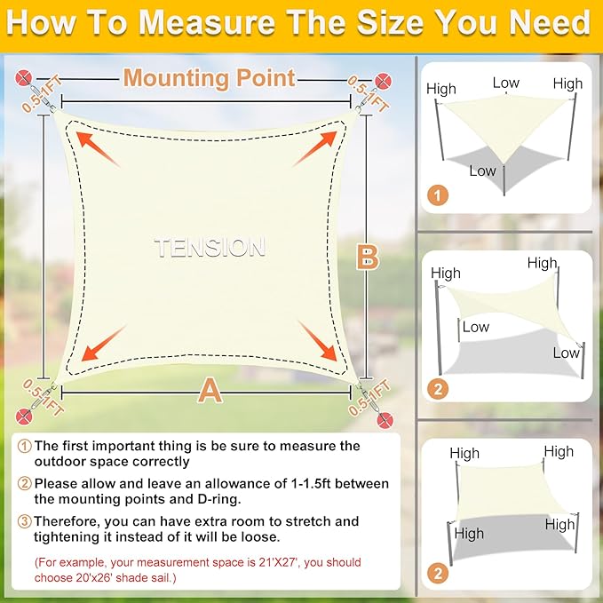 KANAGAWA Sun Shade Sail Curved 16'X20' Cream Rectangle Outdoor Shade Cover UV Blovk Canopy for Patio Garden Backyard Heavy Duty Permeable 185GSM (We Make Custom Size)