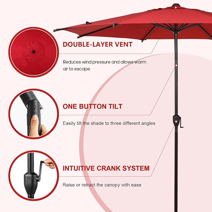 Abba Patio 9FT Lyon Outdoor Patio Umbrella Outdoor Table Umbrella with Push Button Tilt and Crank Market Umbrella 8 Sturdy Ribs UV Protection Waterproof for Garden Deck Backyard Pool Dark Red