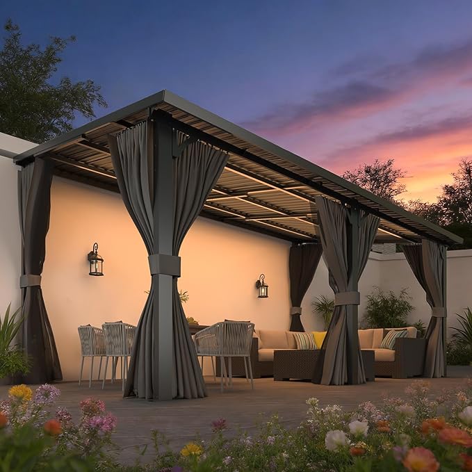 AECOJOY 16'x10' Outdoor Hardtop Gazebo Pergola with Curtains and Netting for Patio, 10x16 Large Steel Heavy Duty Lean to Wall-Mounted Pergolas and Grill Gazebos Clearance, Metal Roof Awnings for Decks