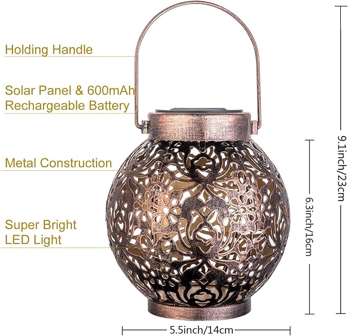 2 Pack Outdoor Solar Hanging Lantern Lights Metal LED Decorative Lamp for Garden Patio Courtyard Lawn and Table with Hollowed-Out Design (Bronze)