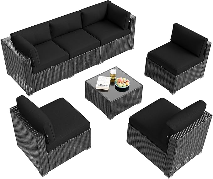 Aoxun Patio Furniture Set, 7 Piece Outdoor Sectional Sofas with Waterproof Cover, Wicker Rattan Outdoor Furniture Patio Conversation Set for Backyard, Garden Black