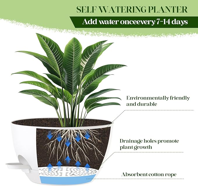 2 Pack 10 Inch Self Watering Hanging Planters for Indoor Plants, Large White Plastic Hanging Pots with Chains for Outdoor Patio Garden Home Decor (White)