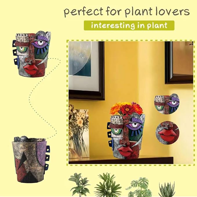 Picasso Abstract Face Flower Pot,Unique Resin Crafted Planter with Drainage Holes,Interesting Colorful Planter with Human face,for Indoor and Outdoor Botanical Home décor (Serious)