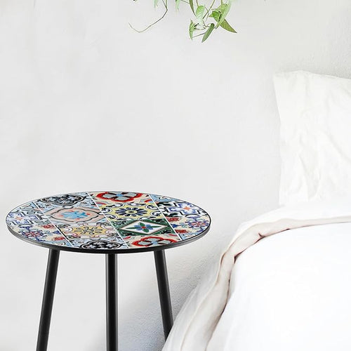 1 Pack Metal Outdoor Side Table Small Outside Round End Table for Patio Modern Accent Garden Corner Table for Small Spaces, Balcony, Porch, Weather-Resistant, Plant Stand Indoor, Mixed Mosaic