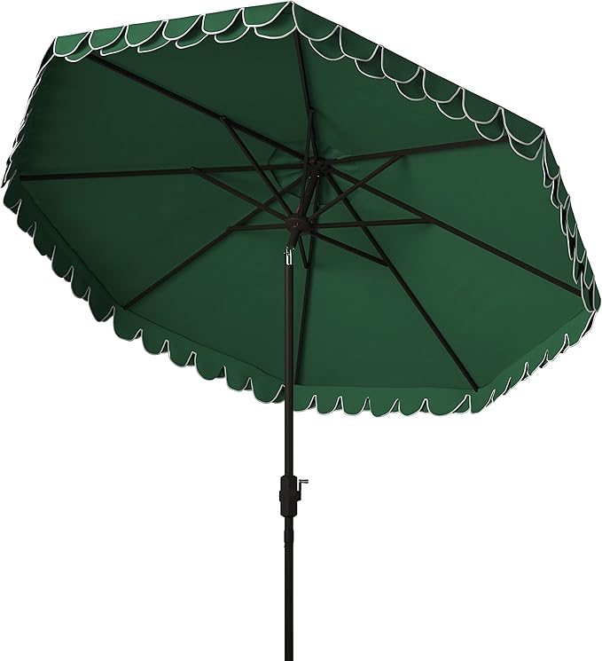 SAFAVIEH 9ft Outdoor Patio Umbrella, Round, Valance, Dark Green, Auto Crank Tilt, UV Resistant for Deck, Backyard, Poolside (PAT8006H)