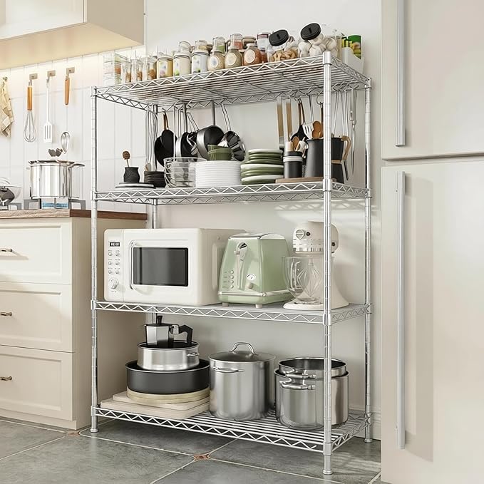 Xcity Storage Shelves, 4 Tier Heavy Duty Metal Shelving Unit with Wheels, 1600 LBS Capacity Adjustable Steel Wire Shelf Organizer for Pantry, Kitchen, Garage, 18" D x 36" W x 60" H, Chrome