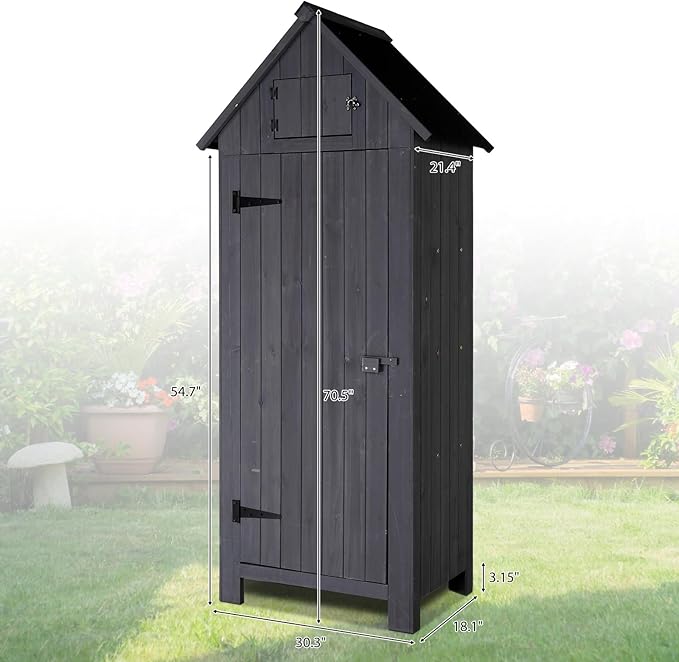 VINGLI Outdoor Wooden Storage Shed, Garden Shed Outside Tool Cabinet with Safety Latch, Patio Storage Organizer (Dark Grey)