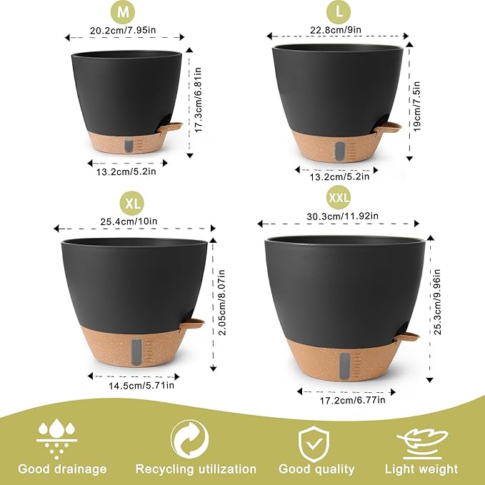 Plant Pots,12/10/9/8/ Inch Large Plastic Self Watering Flower Pots Indoor Outdoor with Drainage Holes, Deep Reservoir,Nursery Planting Pot for Indoor Out Door Plants Black