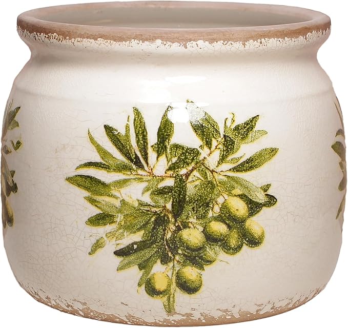 Mediterranean Ceramic Plant Pots with Olives Branches Pattern, 6 Inch Tuscan Planter for Indoor Plants, Rustic Farmhouse Home Kitchen Decor, Tuscan Vase for Centerpiece, Olive Green