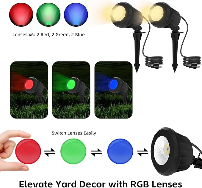 Spotlight Outdoor – 120V Plug-in, 2700K Warm White LED Landscape Spot Lights with RGB 3 Lenses for Yard, Garden, Lawn&Tree Decor, IP67 Waterproof, Perfect for Holidays&Everyday (2 Pack, Black)