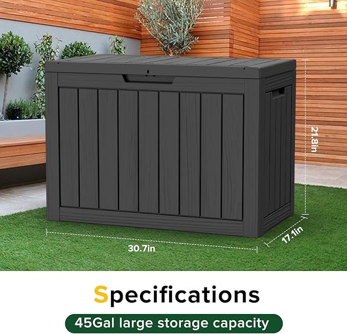 ROJIK Outdoor Storage Housing Deck Box - Waterproof Patio Furniture, Garden Tools, Cushions, Pool Accessories Storage Bench with Lockable Lid and Side Handles (Black, 45 Gal)