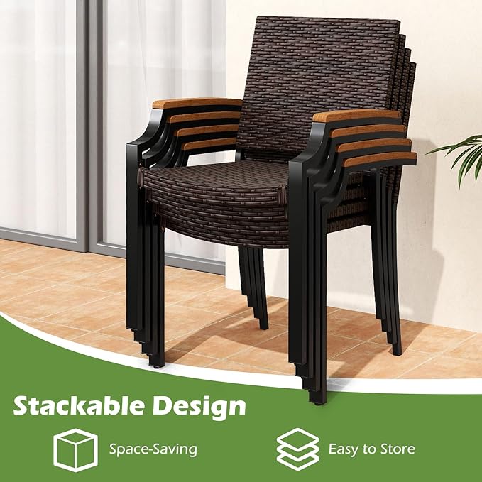 Tangkula 9 Piece Patio Dining Set, 79” Rectangular Outdoor Dining Table with Acacia Wood Top & Umbrella Hole, 8 Stackable Rattan Armchairs, for Backyard Garden Poolside