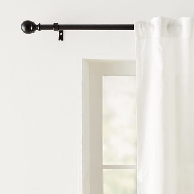Amazon Basics Sturdy Adjustable Curtain Rod for Windows with Round Finials, 1-Inch, 72" to 144", Black, 1-Pack