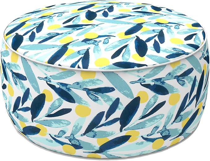 LVTXIII Outdoor/Indoor Inflatable Stool Ottoman, All Weather Patio Footrest Pouf, Portable Round Ottoman for Patio Garden, Camping or Home, D21xH9 Inches, Blue Leaves