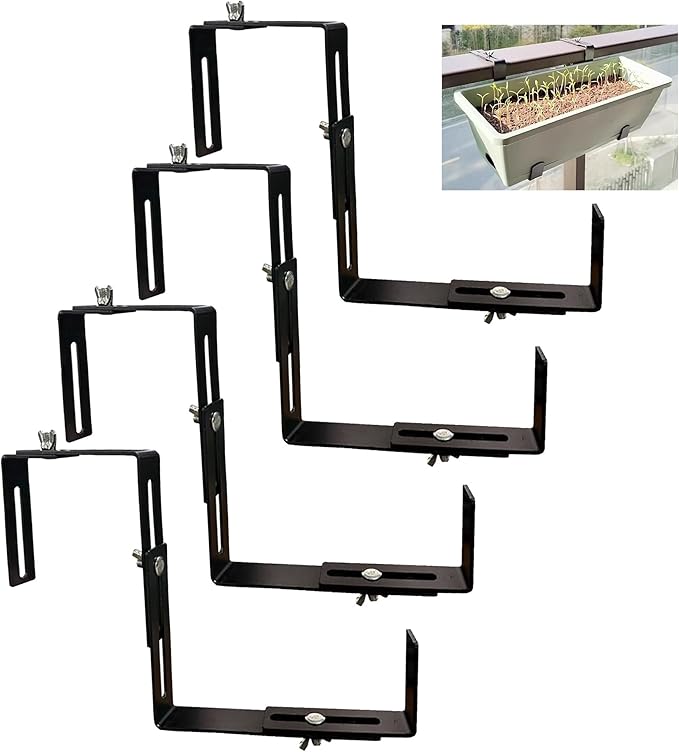 Adjustable Planter Box Brackets, Window Boxes Planters, Heavy-Duty Planters Hanging Flower Box Holders,for Mounting Railing Windowsills, Garden, Fences, and Balcony (4 Pack Black)
