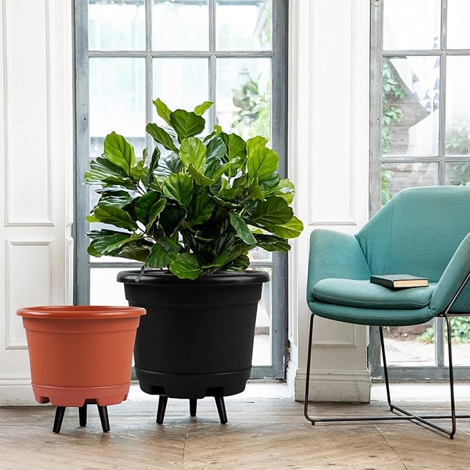 5 Pack 10.5 inch Plant Pots,Planter-Pots-for-Plants，Plastic Flower Pot for Indoor Outdoor Plants with Drainage Holes & Trays, Decorative Garden Containers Sets for Houseplants