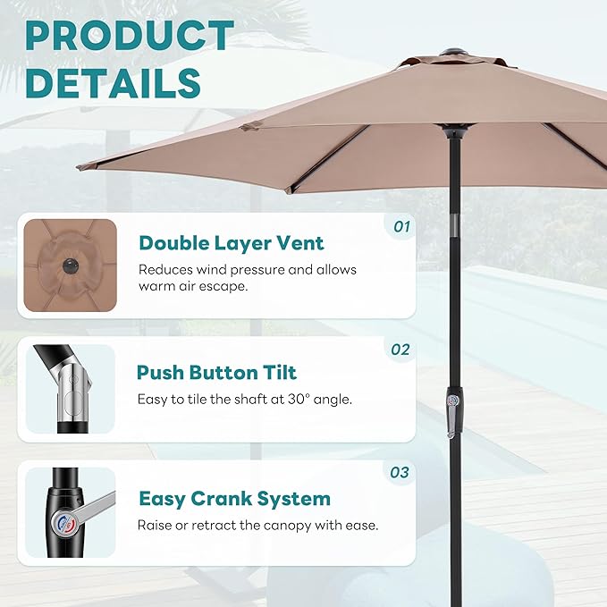 OLIXIS 7.5ft Patio Umbrella with Tilt and Crank Button & 8 Sturdy Ribs Waterproof, Patio Table Umbrella Perfect for Poolside, Terrace, Beach and Outdoor Restaurant, Khaki