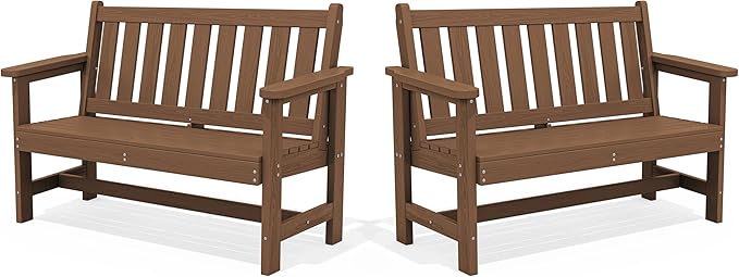 SERWALL Outdoor Bench, HDPE Outdoor Benches Weatherproof, 2-Person Garden Bench with 660 lbs Weight Capacity, Patio Benches for Outdoors, Garden, Porch, Backyard and Park, Brown, 2 Pack