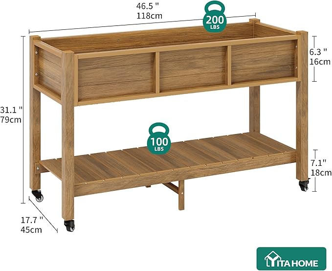 YITAHOME Raised Garden Bed HDPE, 47x18x31In Raised Flower Bed Poly-Wood Weather-Resistant Elevated Planter Box with Lockable Wheels & Storage Shelf for Vegetable Flower, Brown