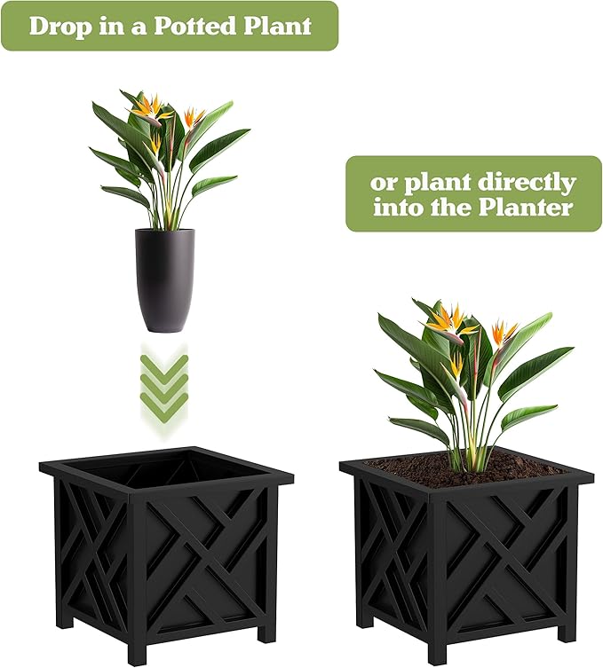 Lattice Design Outdoor Planter Box - 14.75” Square 13” Tall Black Plant Pot - Decorative Plant Pots for Front Porch Decor - Flower Pots Outdoor Planters for Porch Patio or Garden Decor by Pure Garden