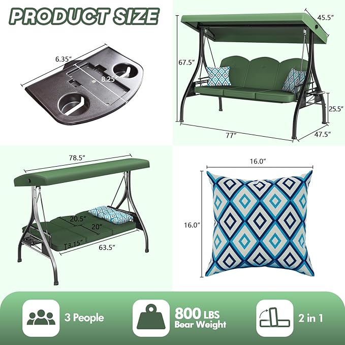3 Seat Outdoor Porch Patio Swing with Stand 800lbs 2-in-1 Convertible Swing Bed with Adjustable Canopy & Removable Cushion for Yard Garden Deck (Green, Square Tube)