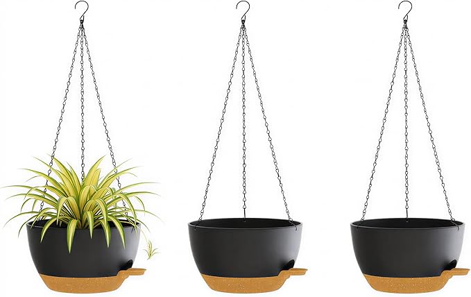 Hanging Planters, 3-Pack 10 Inch Self-Watering Pots with Drainage Holes and Chains, Matte Plastic Planters for Indoor/Outdoor Plant（Black Brown）
