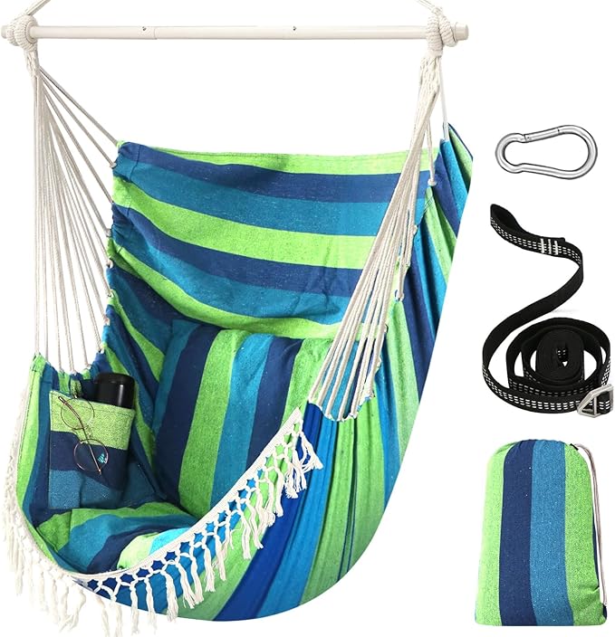 Chihee Hammock Chair Hanging Swing Max 500 Lbs 2 Cushions Included Metal Spreader Bar with Anti-Slip Grooves Portable Hanging Chair Side Pocket Large Macrame Bohemian Chair Indoor Outdoor
