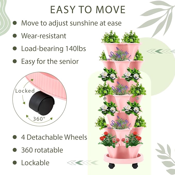 Umigy 2 Set of 7 Tier Vertical Planter Stackable Tower Planters Strawberry Herb Flower and Vegetable Pots Indoor Outdoor Gardening Pots with Removable Wheels and Tools(Pink)