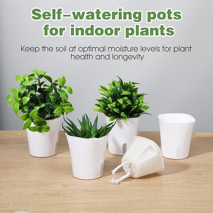 20 Pcs 3 Inch Self Watering Pots for Indoor Plants, White Plastic Self Watering Planters with Wicking Rope Visual Water Level & Vent Holes for Succulents, Flowers Indoor Outdoor