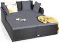 Tangkula Outdoor Rattan Daybed, Wicker Furniture with Spacious Seat, Upholstered Cushion & High-Resilience Sponge, Patio Sofa Set with 4 Pillows, 2-Person Sunbed for Poolside Backyard Garden & Balcony