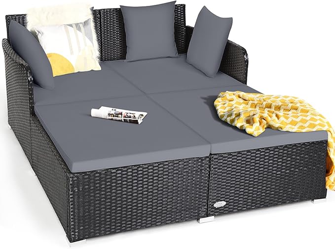 Tangkula Outdoor Rattan Daybed, Wicker Furniture with Spacious Seat, Upholstered Cushion & High-Resilience Sponge, Patio Sofa Set with 4 Pillows, 2-Person Sunbed for Poolside Backyard Garden & Balcony