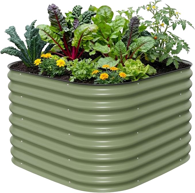 Vego garden 26" Extra Tall Raised Garden Bed Kits, 4 in 1 Modular Raised Planter Box for Vegetables Flowers Fruits Oval Metal Raised Garden-Olive Green
