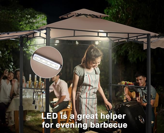 ABCCANOPY Grill Gazebo with 2 Side Awnings - 14x5 Outdoor BBQ Canopy Shelter with 2 Led Lights for Patio Backyard Grilling (Khaki)