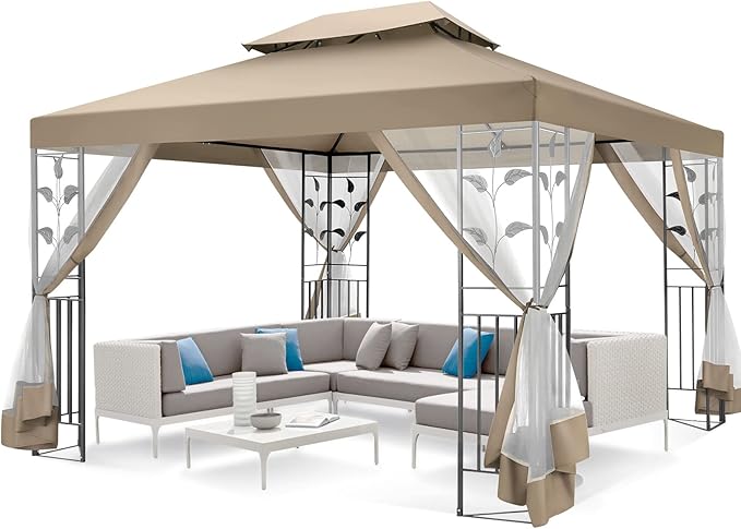 COBIZI Gazebo 10x13 Heavy Duty Gazebos with Improved Nettings Outdoor Gazebo Double Roof Patio Gazebos with Metal Steel Frame Outdoor Canopy for Patio, Deck, Backyard (Khaki)