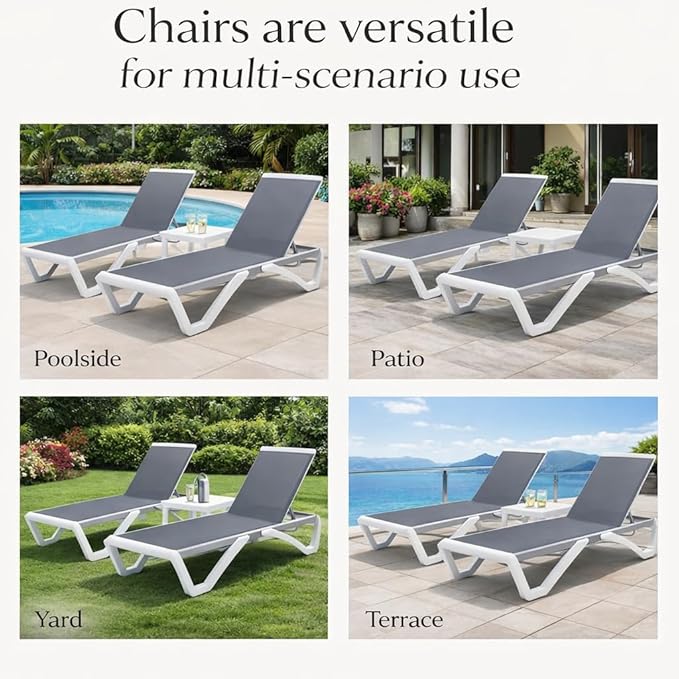 Kozyard Outdoor Chaise Lounge Chair, Full Flat Adjustable Patio Lounger with Aluminum Frame & Resin Legs, Textilene Fabric for Poolside, Backyard & Beach (Gray, 2Chairs with Table)