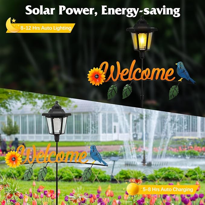 Lewondr Solar Garden Lights Hummingbird, 36.6 Inch Solar Lamp Post Light with Welcome Sign & Hummingbird, Outdoor Waterproof Solar Stake Lights for Yard Porch Patio Pathway Gardening Gifts, 2 Pack