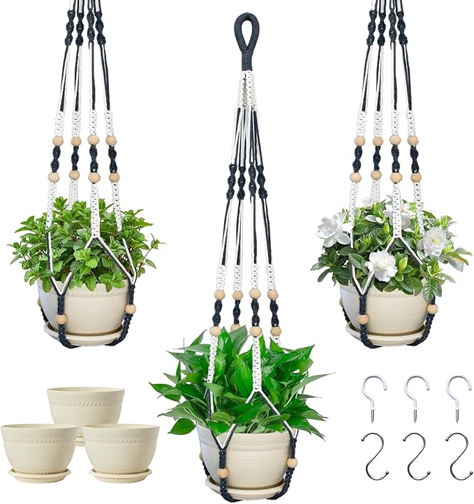 Macrame Plant Hanger with Pot, 3 Set Hanging Planters for Indoor Plants, Handmade Cotton Rope Boho Home Decor, Idea Gift for Anyone, Includes Plant Holders, Pots, Plates and Hooks (Mixed color-3)