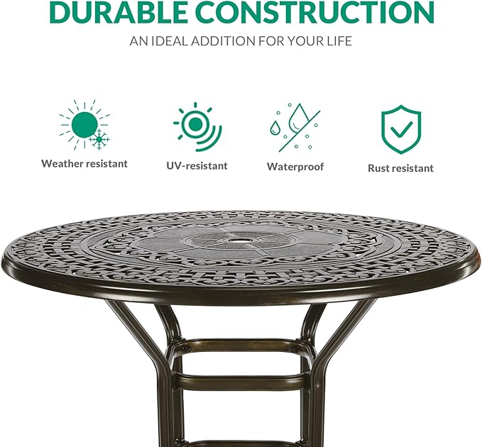 VIVIJASON 3-Piece Patio Swivel Bar Stools Set, All Weather Cast Aluminum Outdoor Bar Height Bistro Set with 2 Cushioned Bar Chairs & 38.5" High Bar Table w/Umbrella Hole for Backyard, Lawn, Garden