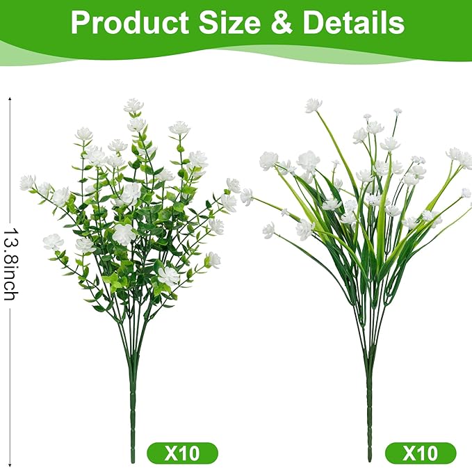 20 Bundles Artificial Flowers for Outdoors Fake Plastic Flowers UV Resistant Realistic Faux Plants Shrubs for Spring Summer Garden Porch Yard Patio Planter Window Box Home Decor, White