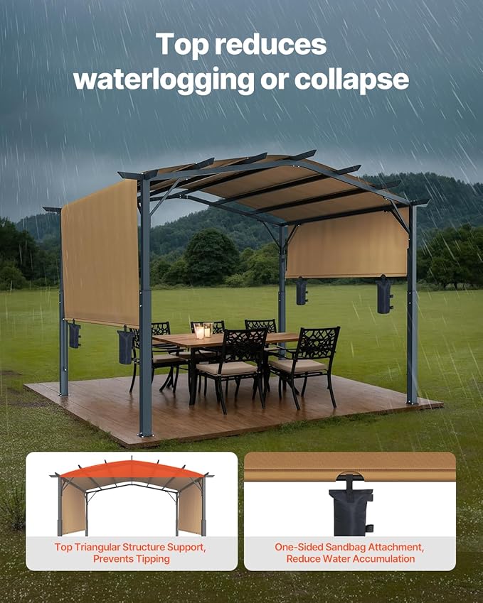 VEVOR 10 x 10 ft Outdoor Pergola, Arched Top Metal Pergola, Retractable Pergola with Sun Shade Canopy, Large Patio Shelter Pavilion, Heavy Duty Garden Pergola for Deck Backyard Porch Poolside