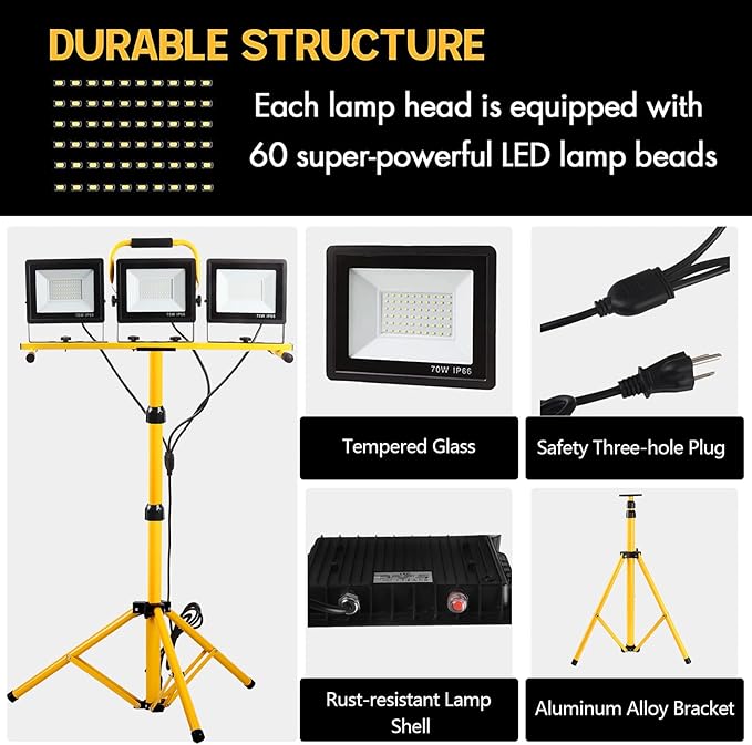22000 Lumen Work Lights with Stand, 3 Head Portable LED Work Light, with Adjustable&Foldable Tripod Stand, IP66 Waterproof Lamp for Outdoor Indoor Job Site Workshop Garage Construction Site Lighting