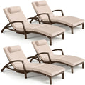Chaise Lounge Chairs Outdoor Set of 4, Comfy Outside Wicker Patio Pool Lounge Chair w/ 5 Adjustable Back Angle, Cup Holder, Thicken Cushion