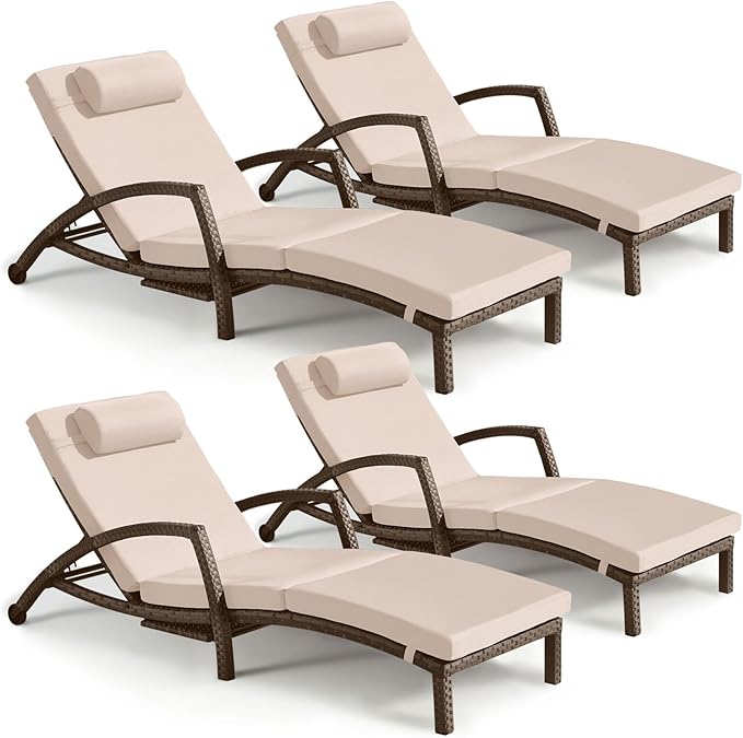 Chaise Lounge Chairs Outdoor Set of 4, Comfy Outside Wicker Patio Pool Lounge Chair w/ 5 Adjustable Back Angle, Cup Holder, Thicken Cushion