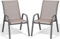 Patio Chairs Set of 2, Easily Set Up Stackable Outdoor Dining Chairs with High Back and Wide Seat, All Weather Breathable Outdoor Chairs Set of 2 with Metal Frame for Backyard Deck Pool, Brown