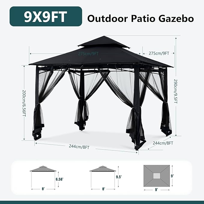 MASTERCANOPY Outdoor Garden Gazebo for Patios with Stable Steel Frame and Netting Walls (9x9,Black)