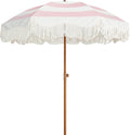 AMMSUN Boho Fringe Umbrella Outdoor Patio, 6.5ft UPF50+ Picnic Umbrella with Tassels with Steel Pole and Push Button Tilt, Pink Stripes
